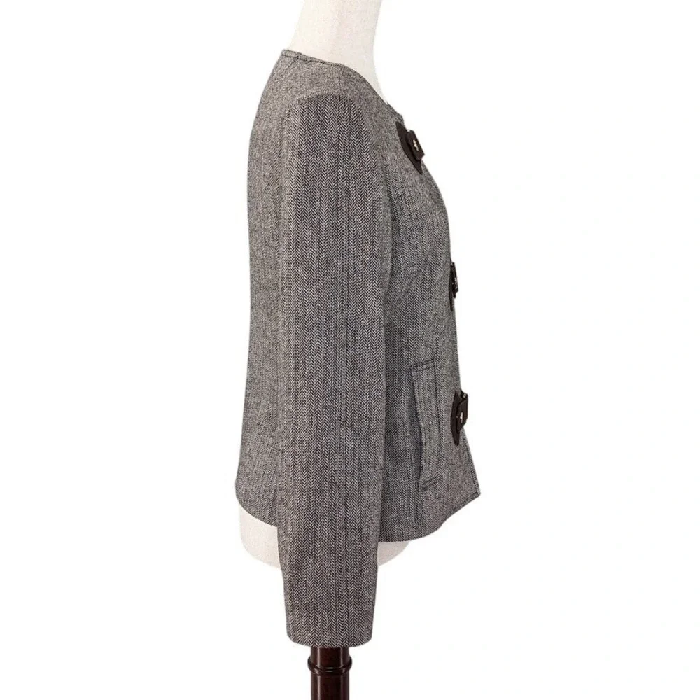 Tory Burch Wool Herringbone Jacket Size 6 Brown Leather Snap Equestrian‎ Luxury